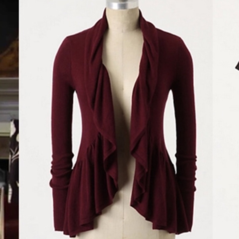 Anthropologie Maroon Ruffled Cardigan